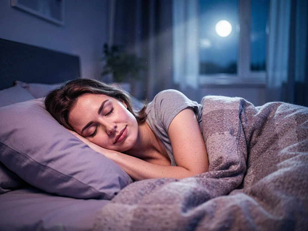 Spokojna kobieta śpiąca w przytulnej sypialni oświetlonej delikatnym światłem księżyca, co podkreśla atmosferę wypoczynku.